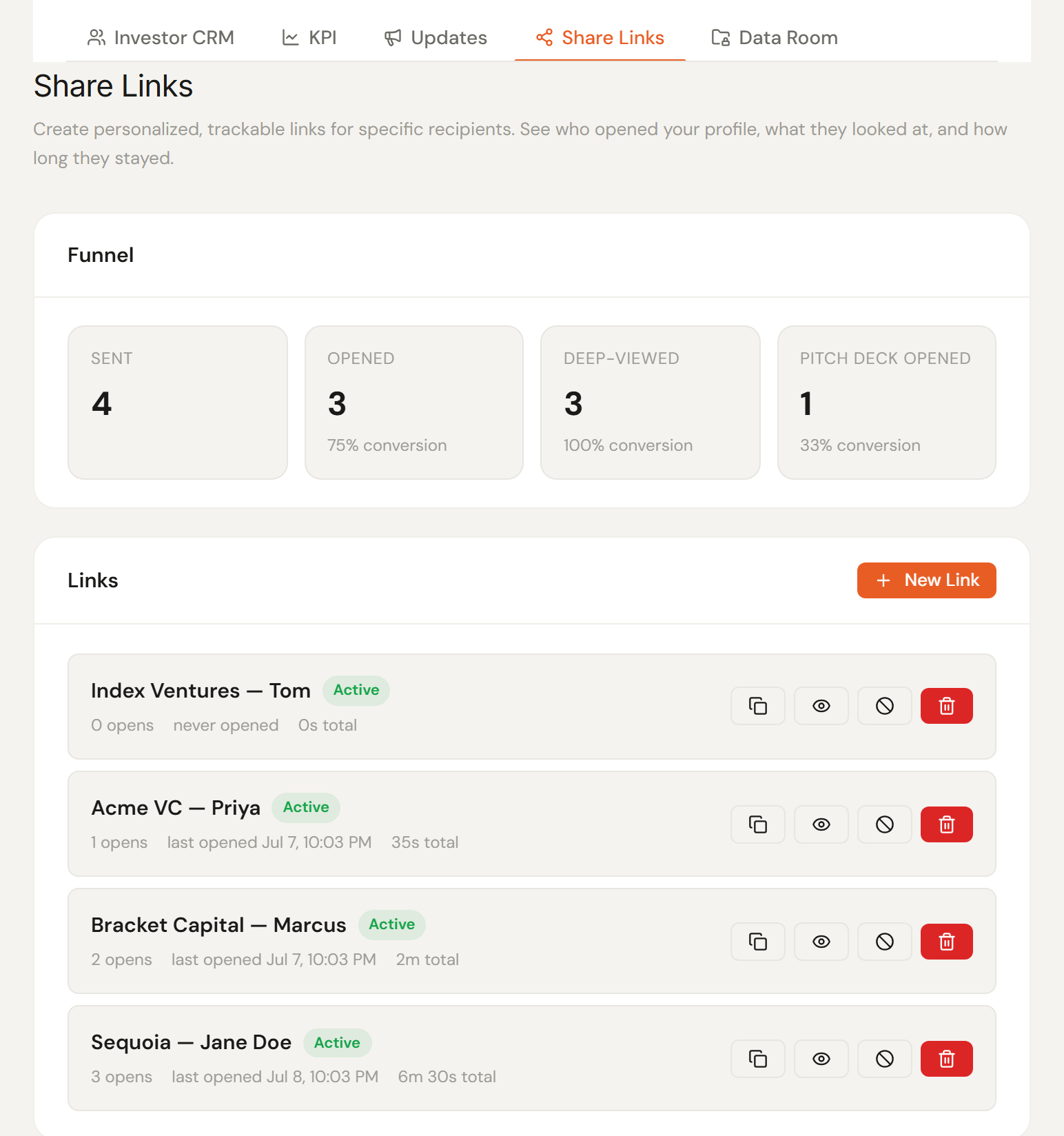 The Share Links dashboard, showing tracked links per recipient with columns for recipient, sent date, whether the link was opened, time spent on the profile, and whether the pitch deck was opened.